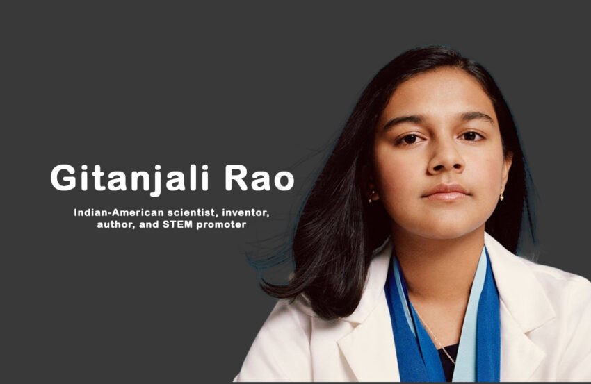 Gitanjali Rao holding her Tethys water testing device, young scientist inventor