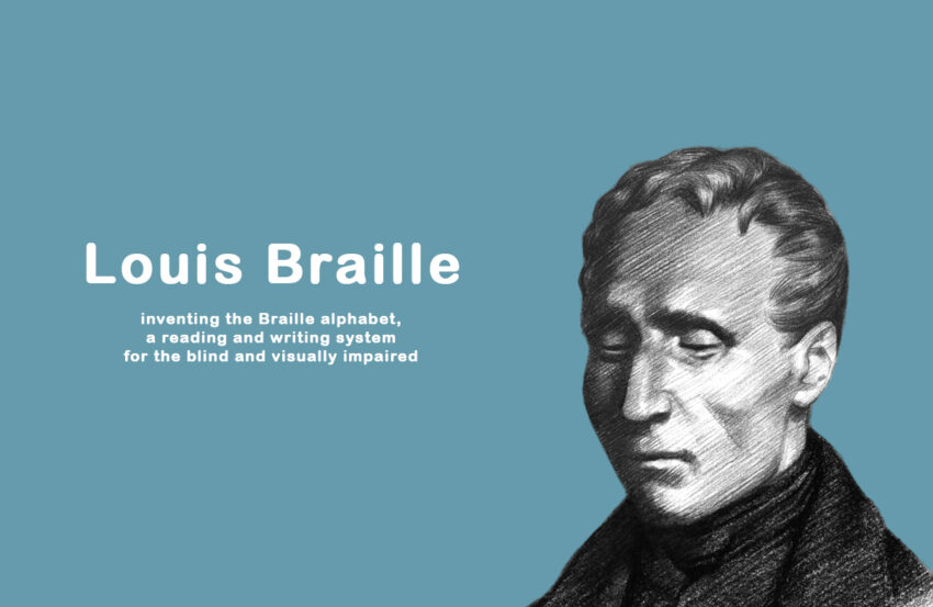 Louis Braille writing with a slate and stylus, inventing the Braille system