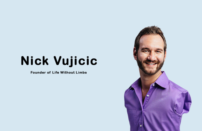 Nick Vujicic speaking on stage, born without limbs but full of hope